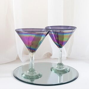 Iridescent Oil Slick Martini Glasses: Vintage Hand-Blown Cocktail Barware